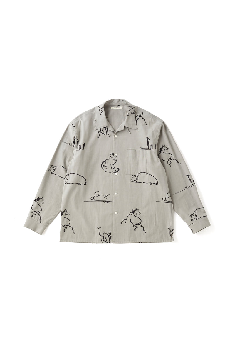 ORIGINAL PRINTED OPEN COLLAR SHIRTS (Animal Drawing) Long-sleeve