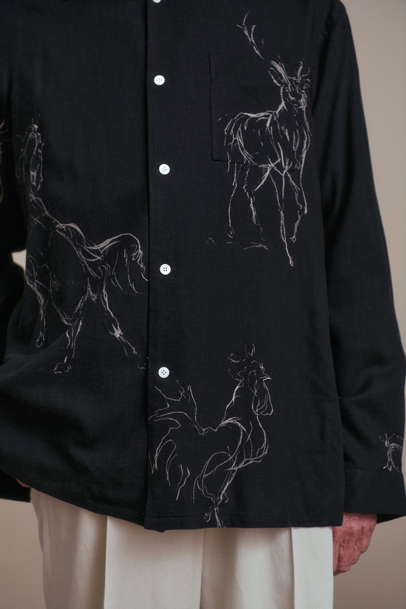 ORIGINAL PRINTED OPEN COLLAR SHIRTS (ANIMAL DRAWING) Long-sleeve